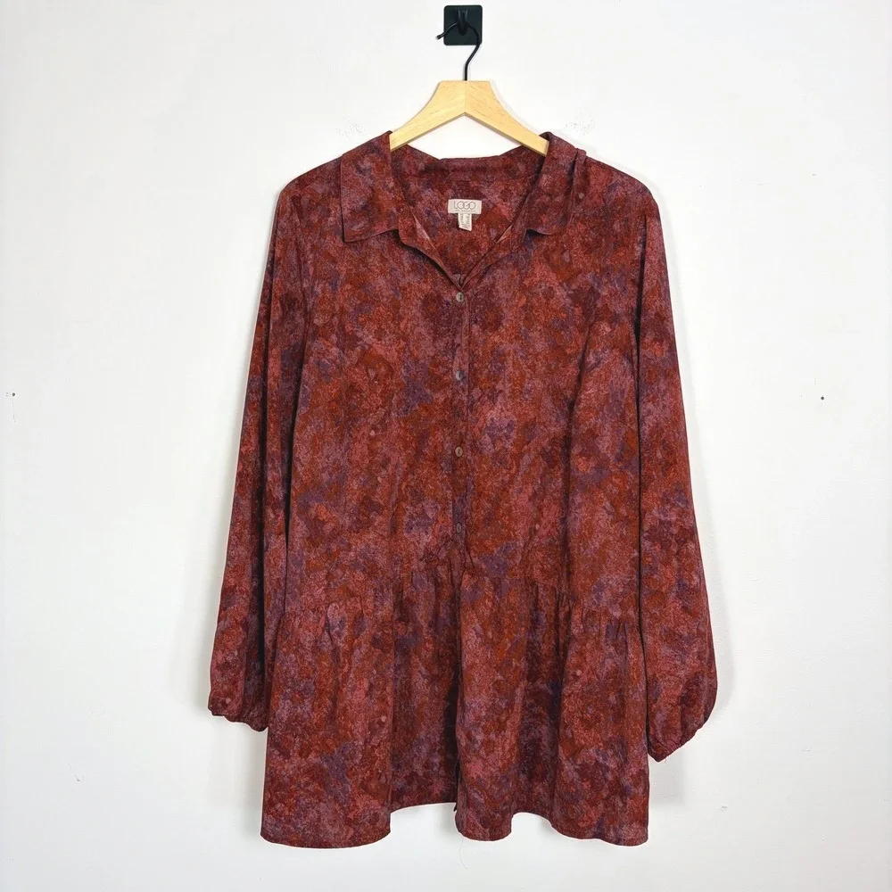 LOGO by Lori Goldstein Tunic Shirt Long‎ Sleeve Button Up 1X Peplum Blouse Woven - Picture 2 of 6
